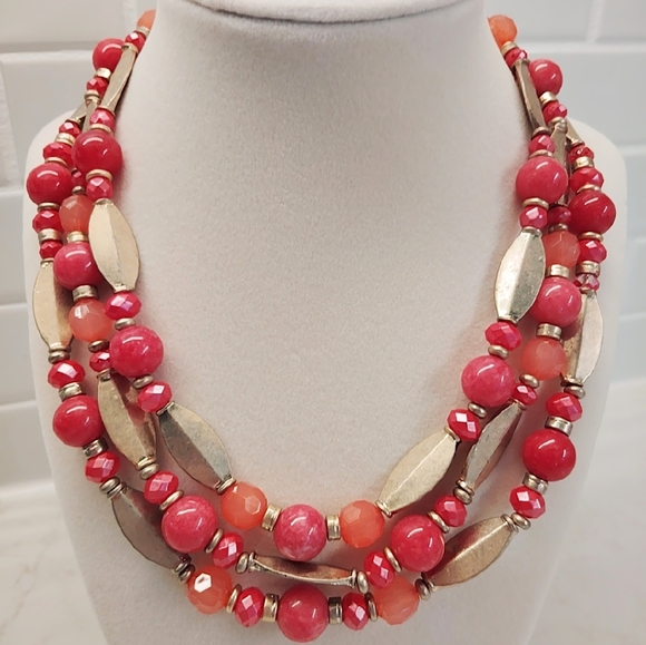 Jewelry - Pink Jade and Gold-tone Three-Strand Necklace